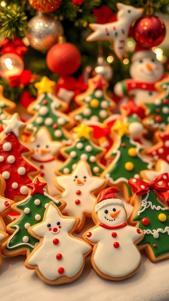 Cute Christmas Cookie Painting Recipe A variety of decorated Christmas cookies shaped like trees and snowmen, showcasing colorful icing designs.
